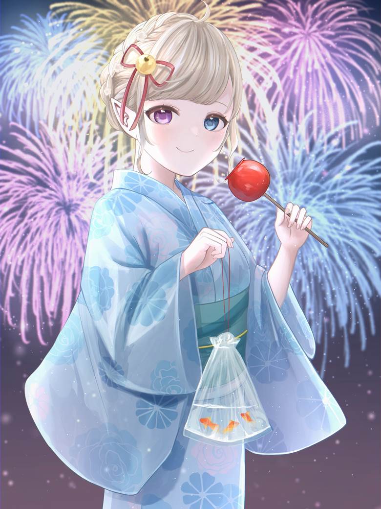 金发, 苹果糖, 金鱼, 女孩子, young girl, yukata, summer festival, 夏天, 焰火