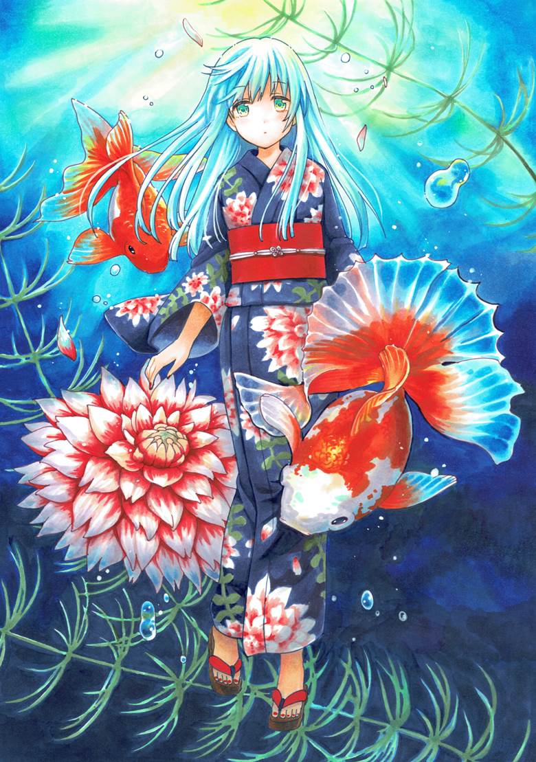 original, girl, goldfish, copic, creation, underwater, Original 300+ bookmarks