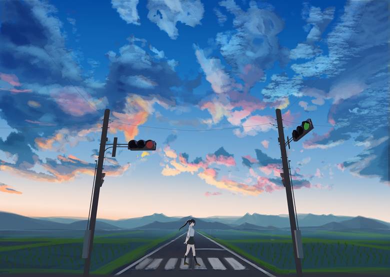 夕阳, traffic lights, country, 云, 夏天, 原创, 女孩子, Background illustration