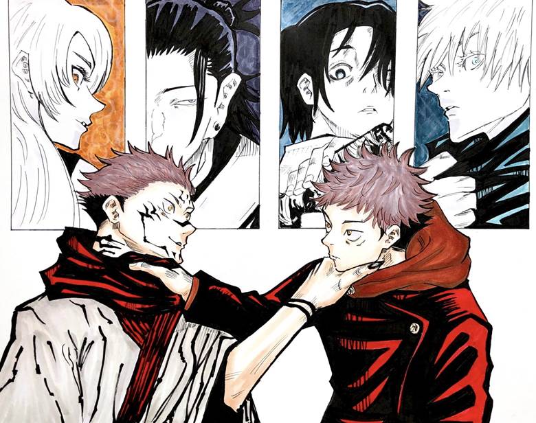 Jujutsu Kaisen, traditional, replica, copic, colored ink, Yuji Itadori, Ryomen Sukuna, Satoru Gojo
