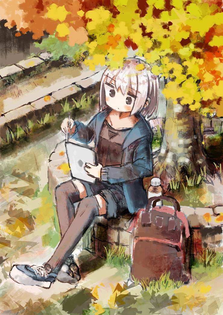 原创, 女孩子, 草图, backpack, autumn leaves