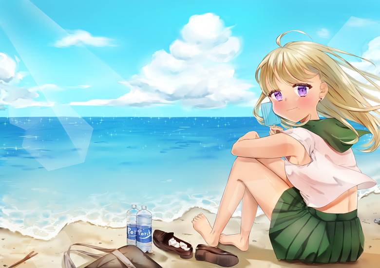 sea, 夏天, 女高中生, 水手服, armpits, suntan, 金发, 女孩子, 原创