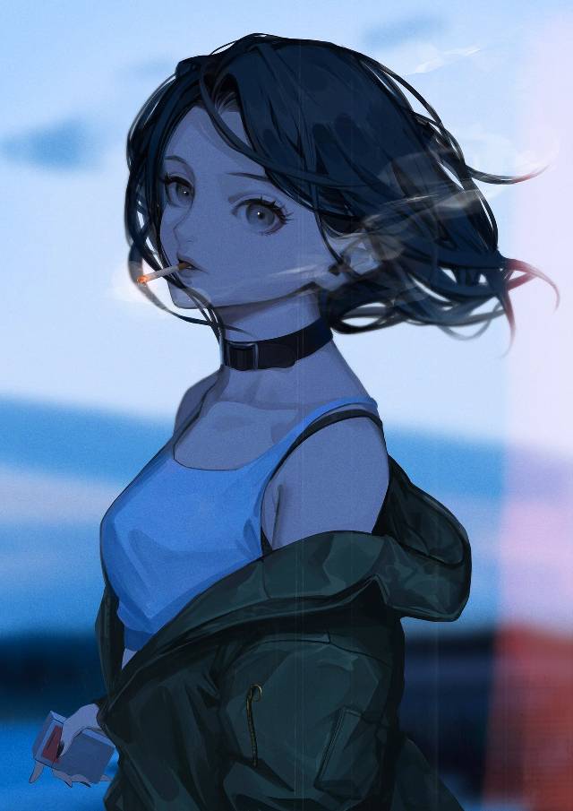 原创, 女孩子, 黑发, tobacco, 项圈