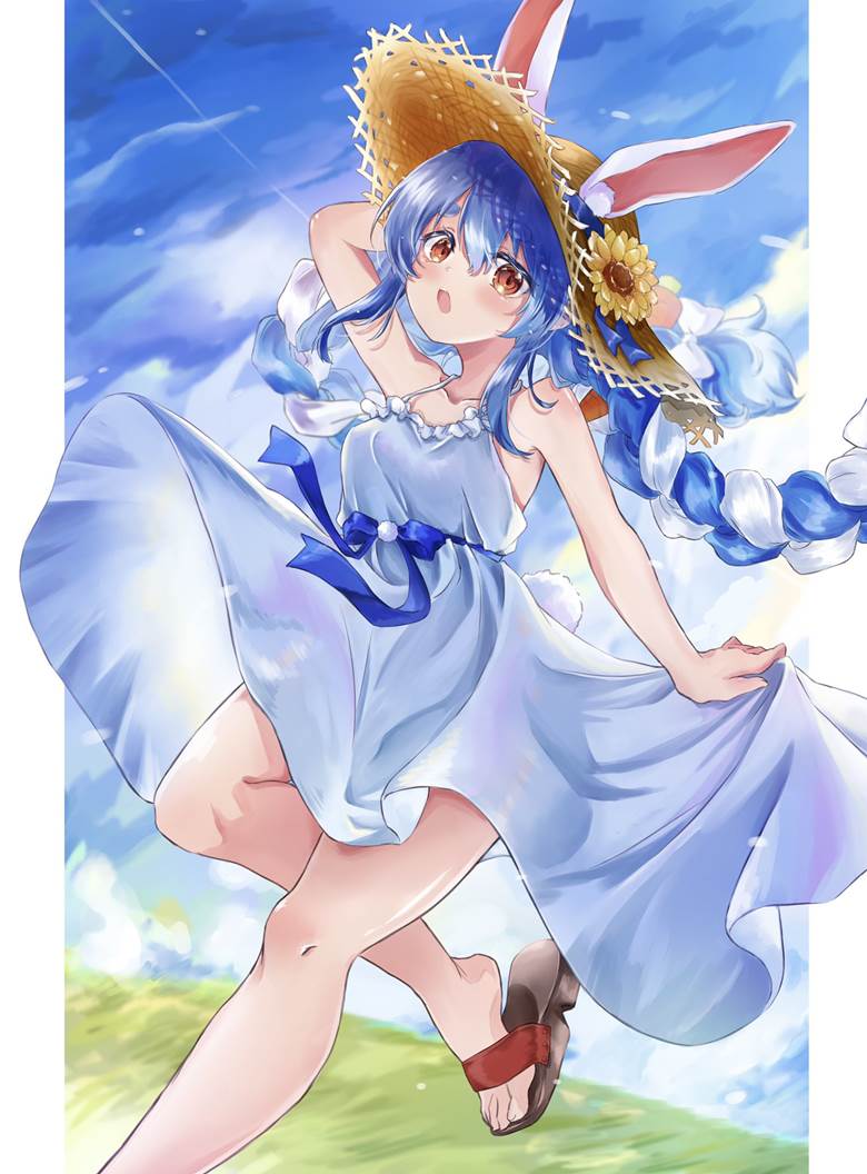 白色连衣裙, bunny ears, 向日葵, 夏天, ONE PIECE, 草帽, 虚拟youtuber, Pekora Usada fanart, Usada Pekora, Hololive