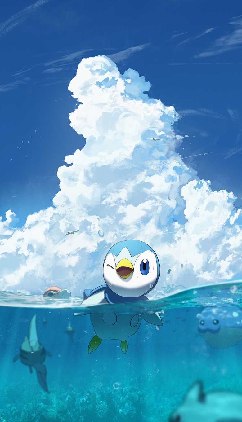 口袋妖怪, 风景, piplup, 夏日天空, partially in water, 宝可梦5000收藏, 风景5000收藏, Spheal