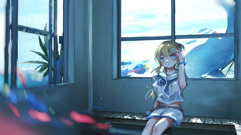 sailor uniform, fish, background, summer, girl