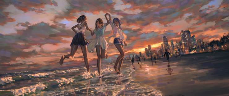 dusk of summer|秋音ユウ的海边风景插画图片