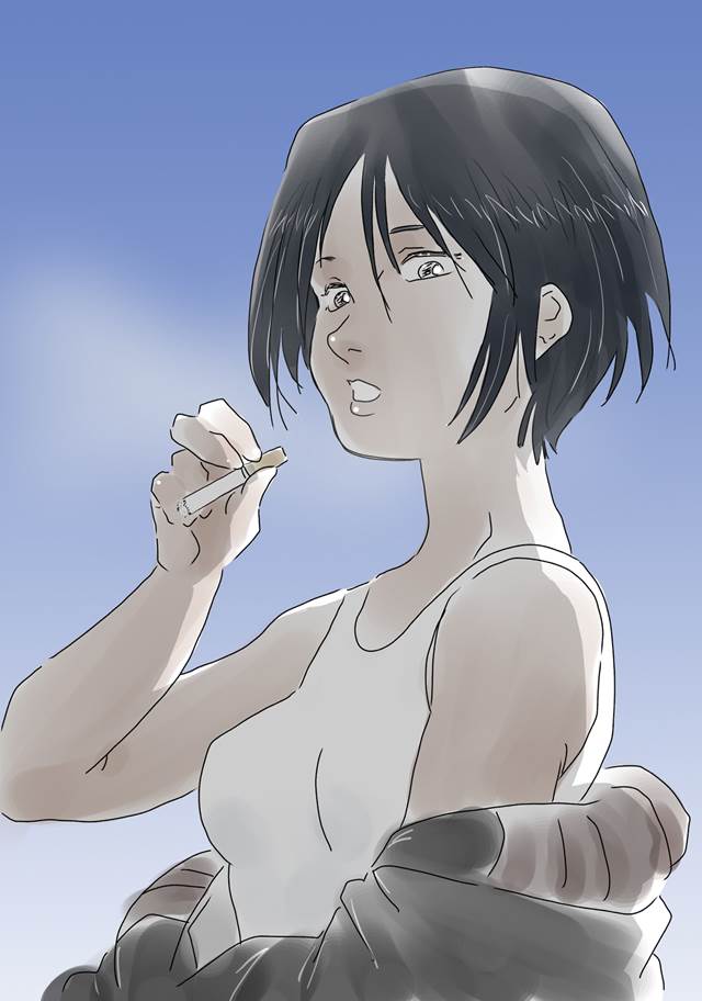 tobacco, short black hair, 小麦色