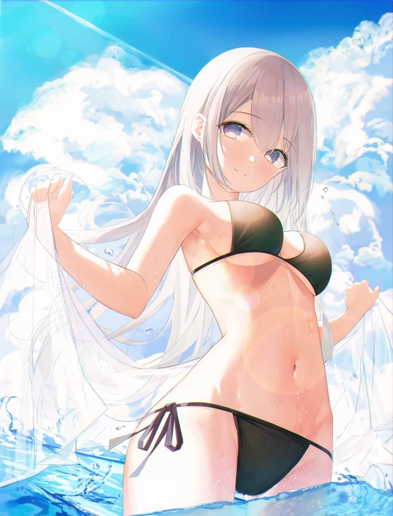 swimsuit, original, girl, young girl, beautiful, black bikini, silver hair blue eyes, bellybutton