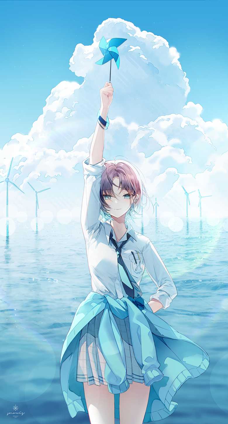 浅仓透, ShinyMas, 偶像大师 闪耀色彩, windmill, handsome girl, sea, 积雨云, tied around the waist, 迷人的眼睛, Idolmaster 10000+ bookmarks