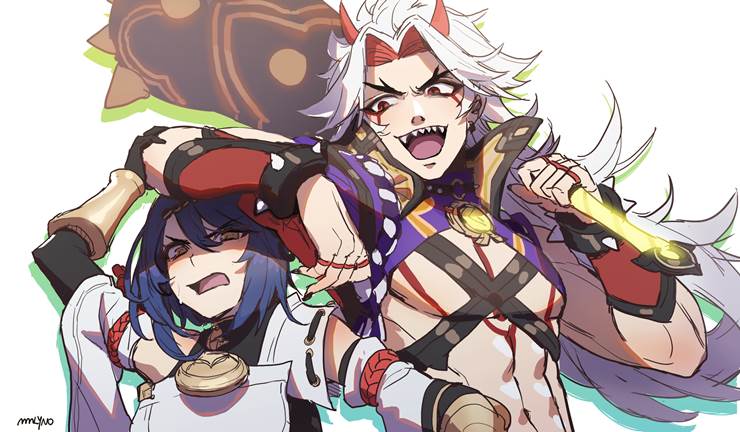 Genshin Impact, Kujou Sara, man boobs, Arataki Itto, Itto/Sara, Genshin Impact 5000+ bookmarks