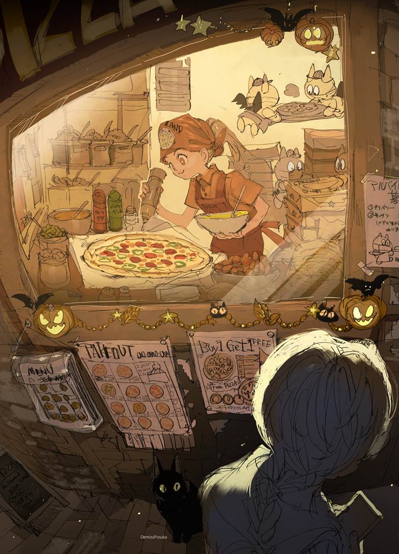 我在烤披萨|插画师ポ～ン（出水ぽすか）的卖东西的商店插画图片