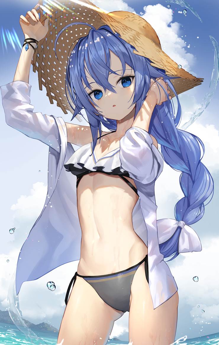 Mushoku Tensei, Roxy Migurdia, flared bikini, straw hat, Roxy Migurdia, swimsuit, bellybutton