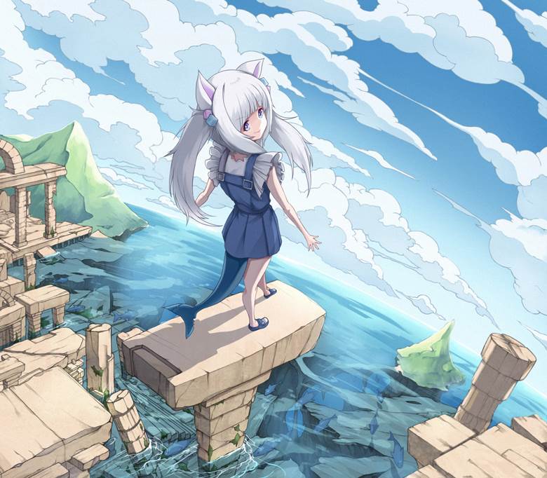 young girl, 噶呜·古拉, Hololive, background, 风景, 水下, 废墟, 虚拟youtuber