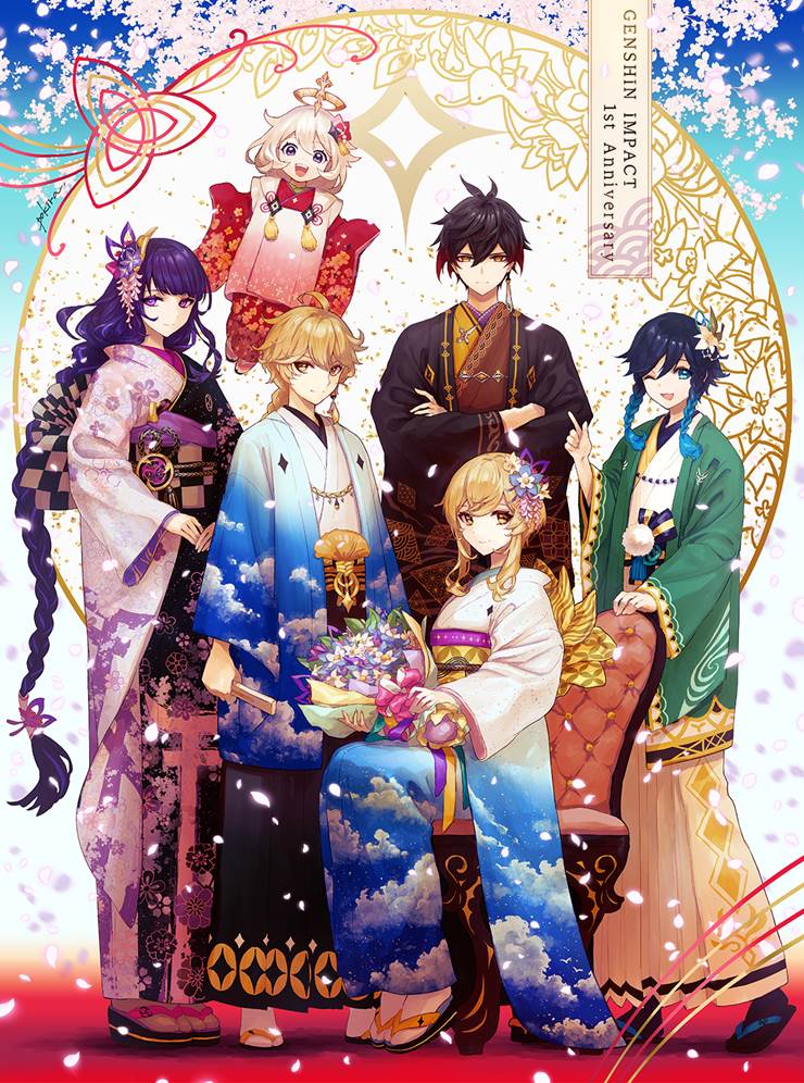 Genshin Impact, Zhongli, kimono, Venti (Genshin Impact), Raiden Shogun, Paimon (Genshin Impact), Traveler (Genshin Impact), furisode, Genshin Impact 10000+ bookmarks