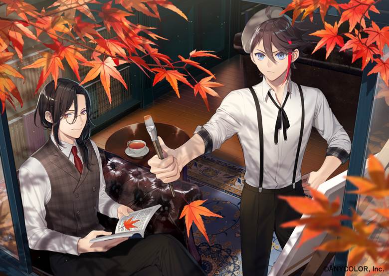 Nijisanji, Akina Saegusa, Shellin Burgundy, work illustration, Virtual YouTuber 1000+ bookmarks, suspenders, autumn leaves