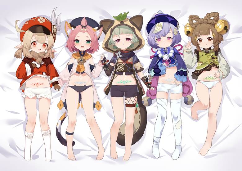 loli, animal ears, Genshin Impact, Klee, Diona, Sayu, Qiqi, Yaoyao, 赤脚