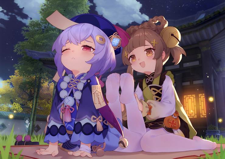 white tights, Qiqi (Genshin Impact), Yaoyao (Genshin Impact), Genshin Impact, yuri, cute, Genshin Impact 10000+ bookmarks, w sitting