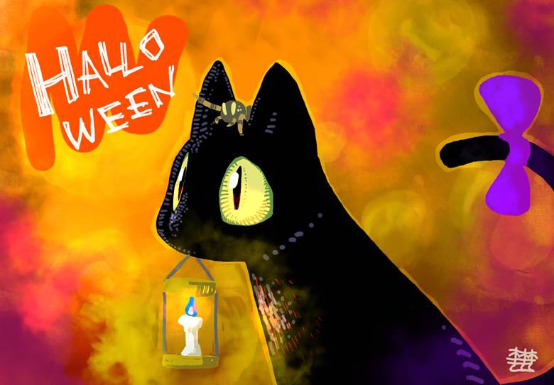 ハロウィンと黒猫|木林ききき的黑猫动物插画图片