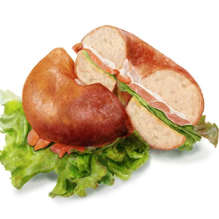百吉饼三明治(三文鱼和奶油奶酪)|插画师PNT的美食插画图片