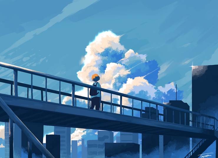 蓝色天空下的帅气男孩pixiv插画图片