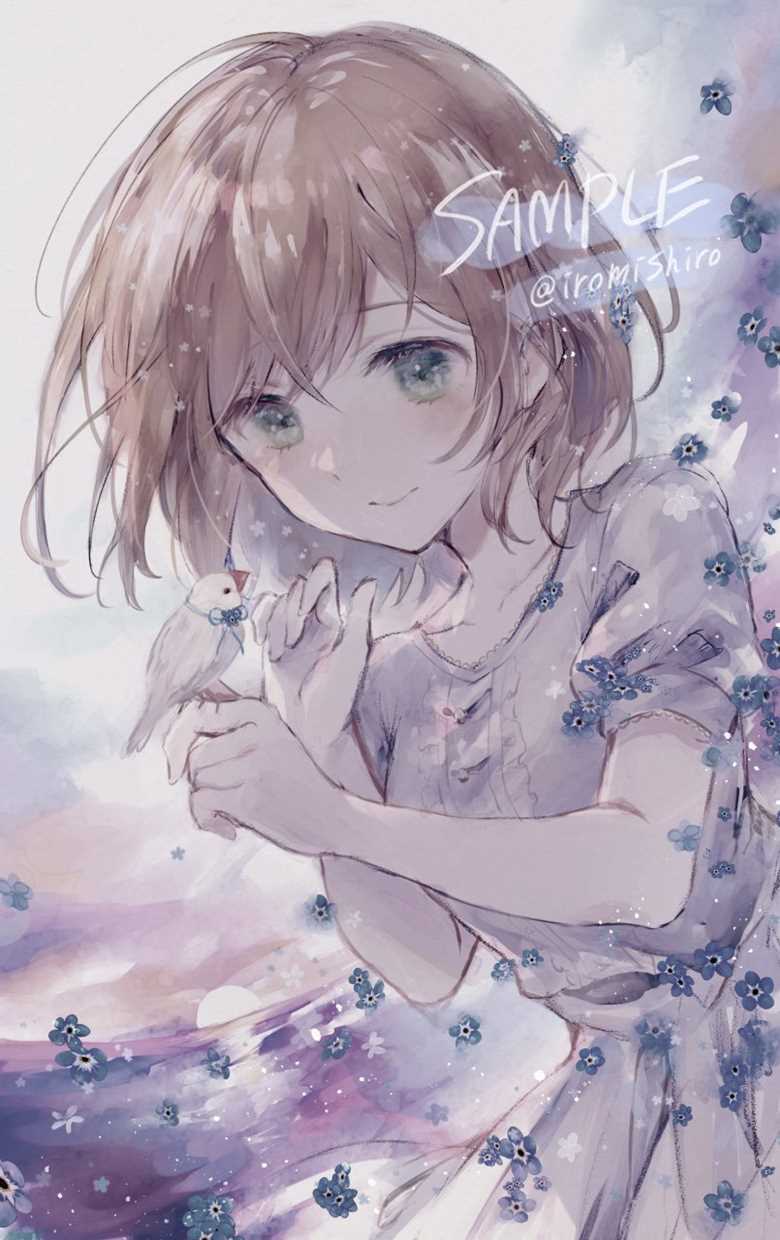 原创, 原创, 女孩子, 花和女孩子, Java sparrow, 白色连衣裙