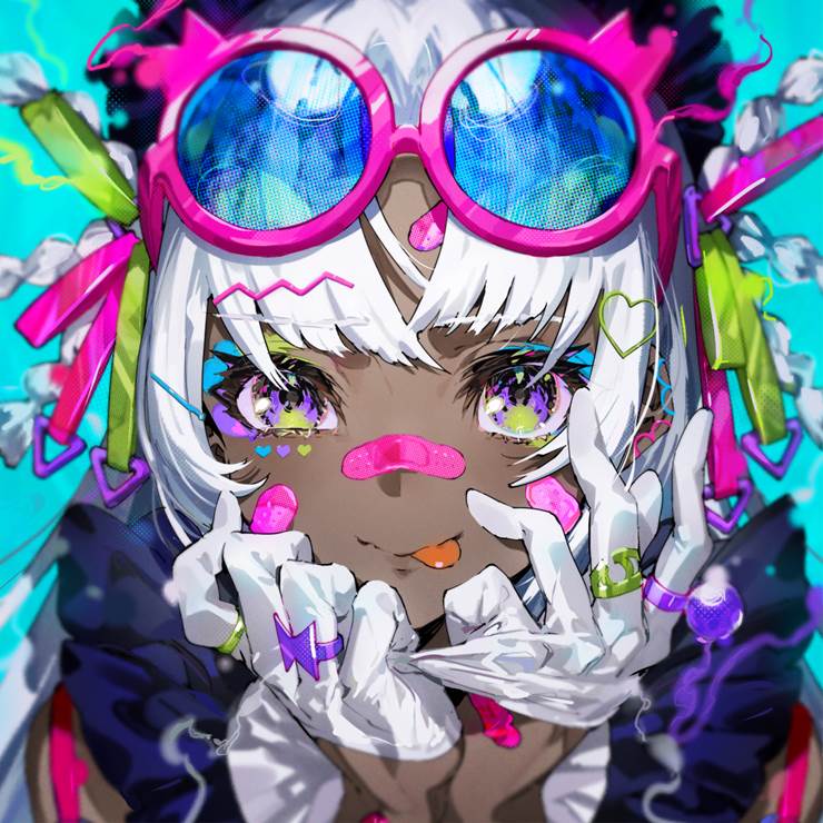 原创, 黑皮少女, brown skin & white hair, 手套, 白发, sunglasses, 极彩色的魔术师