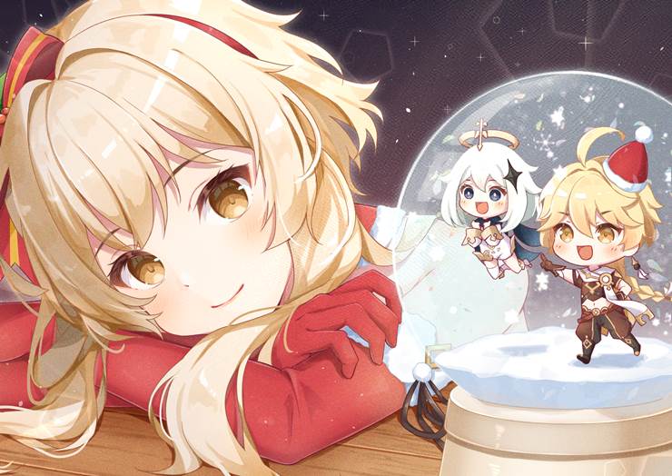 Genshin Impact, Lumine (Genshin Impact), christmas, snow globe, inside a glass, Genshin Impact 1000+ bookmarks