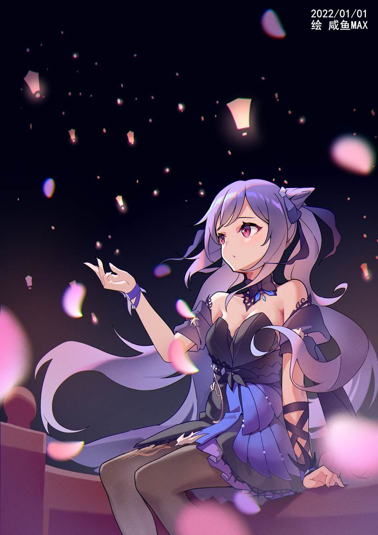 girl, doujin, Genshin Impact, scenery, Keqing, Lantern Rite Festival, 霓裾翩跹