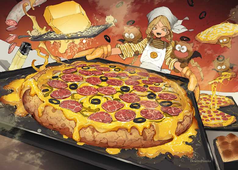 原来是披萨啊!!!|插画师ポ～ン（出水ぽすか）的比萨插画图片