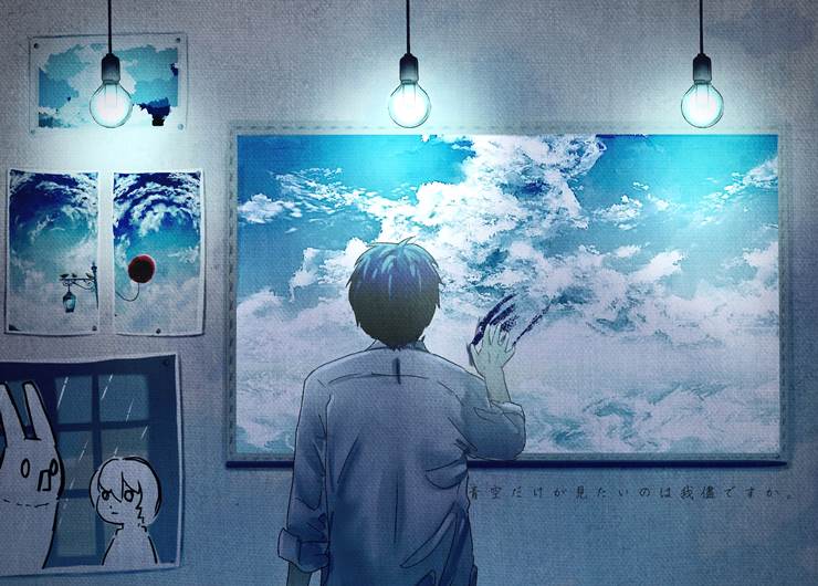 Hitchcock, Yorushika, 风景, background, 男孩子, 积雨云, 蓝, 电灯泡