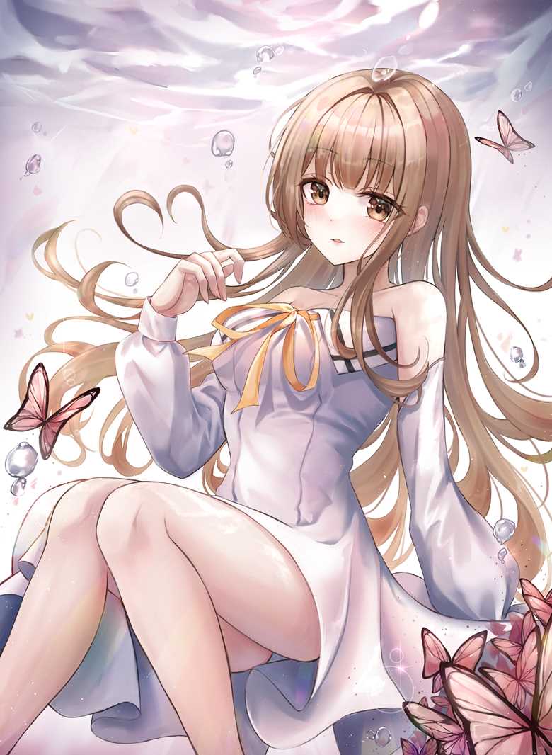 girl, butterfly, water, underwater, white dress, brown hair