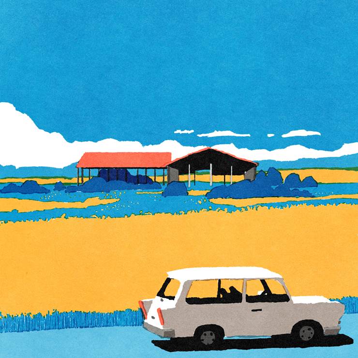 canola blossoms, landscape painting, 车, car illustration, 废墟, sky, 云, 插画, 原创, 数码