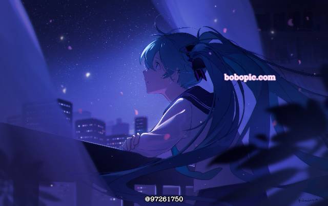 初音未来,夜景,小女孩,星空,阳台图片