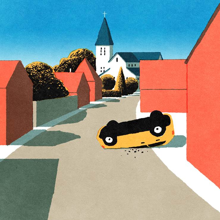 车, accident, landscape painting, townscape, car illustration, church, 树, sky, 插画, 原创