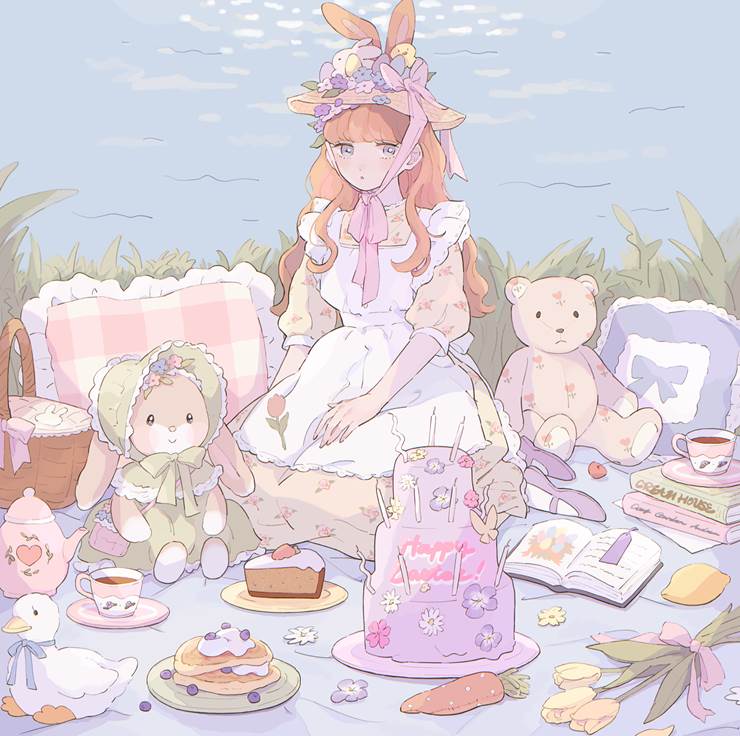 原创, 原创, 女孩子, 野餐, Easter, 兔子, 兔耳, 蛋糕, pancake