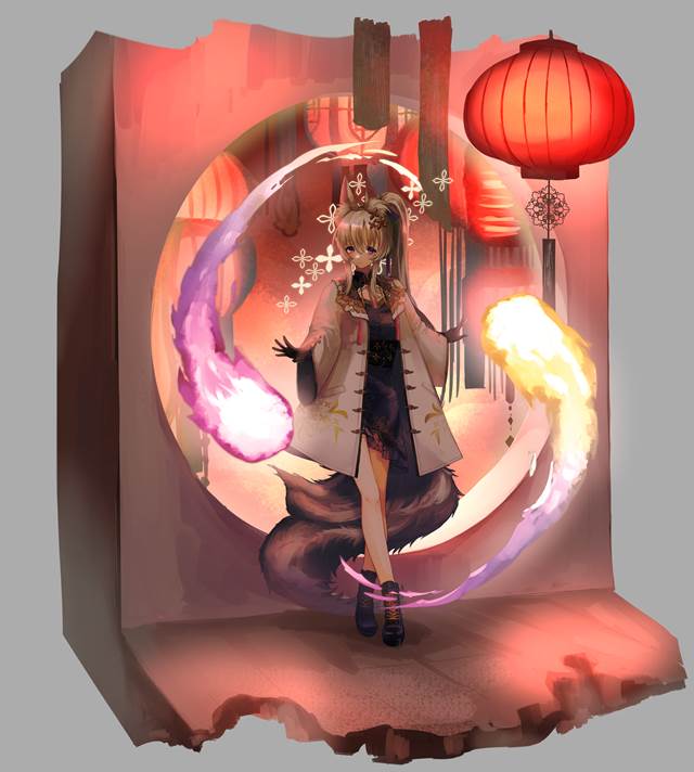 兽耳, foxgirl, 女孩子, 旗袍, osmanthus, 金发, 大腿