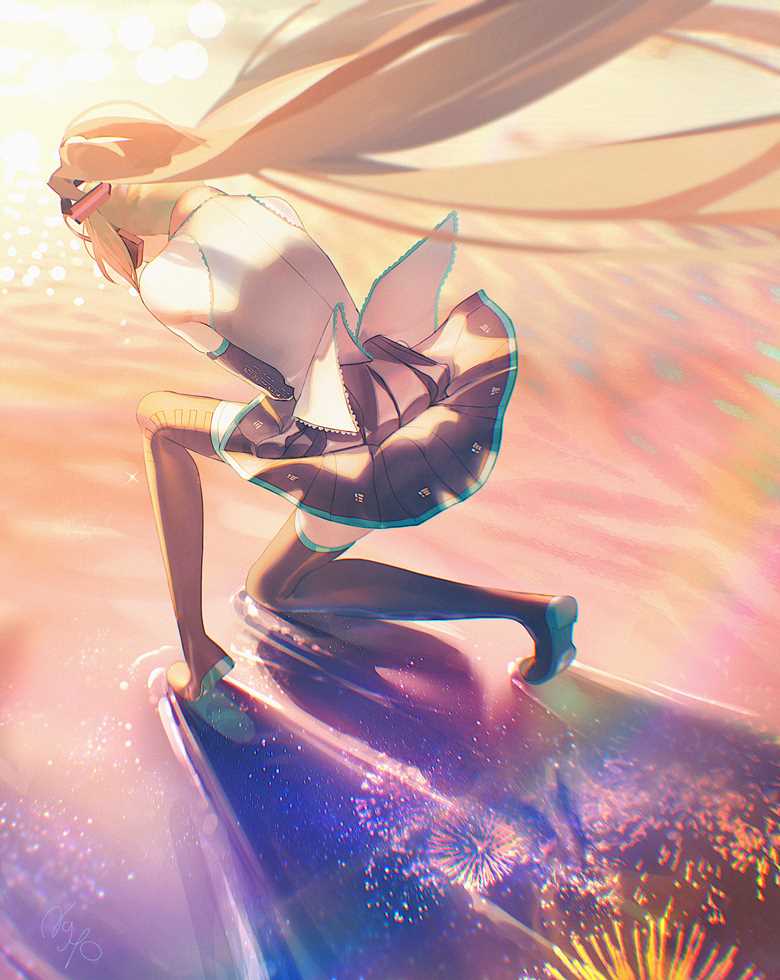 hatsune miku, water surface, fireworks, VOCALOID 100+ bookmarks