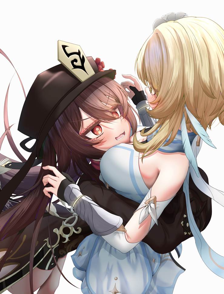 Genshin Impact, Hu Tao (Genshin Impact), Hu Tao, 萤（原神）, firefly, yuri, hug, 原神10000收藏