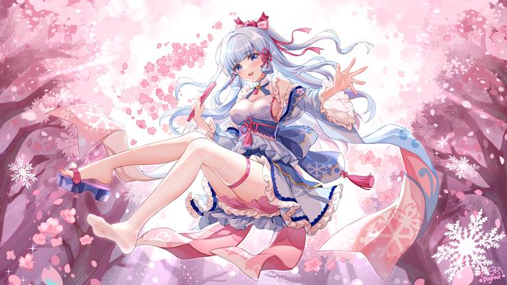 Genshin Impact, Kamisato Ayaka, White silk pantyhose, sole, 魅惑的乳沟, thigh, cherry blossoms, 着袜足底, 原神10000收藏