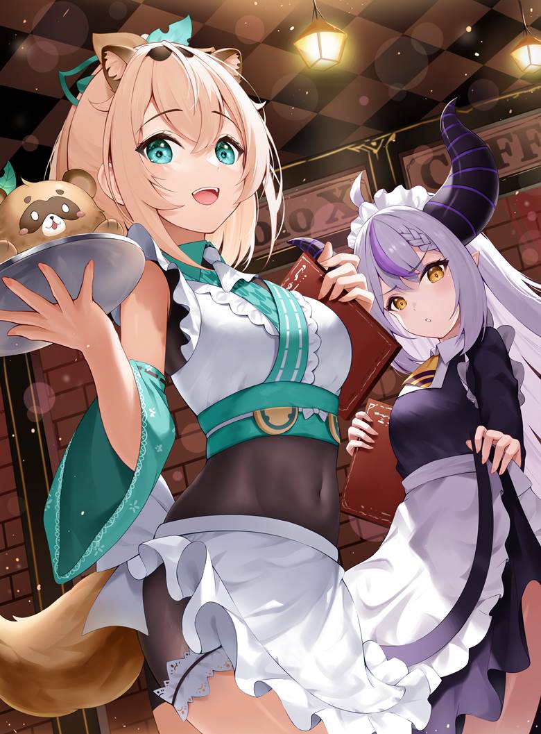 Kazama Iroha, Laplus Darkness, Hololive, virtual youtuber, waitress, see-through navel, Virtual YouTuber 10000+ bookmarks