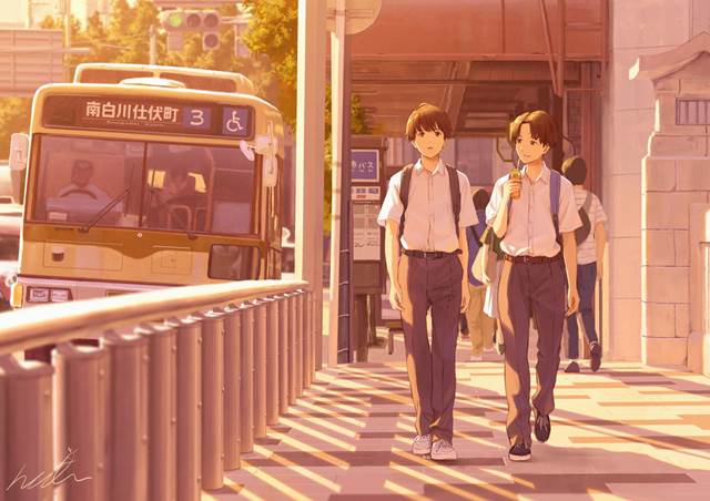 原创, high school student, 男孩子, male high school student, bus stop, school backpack, 回家的路上