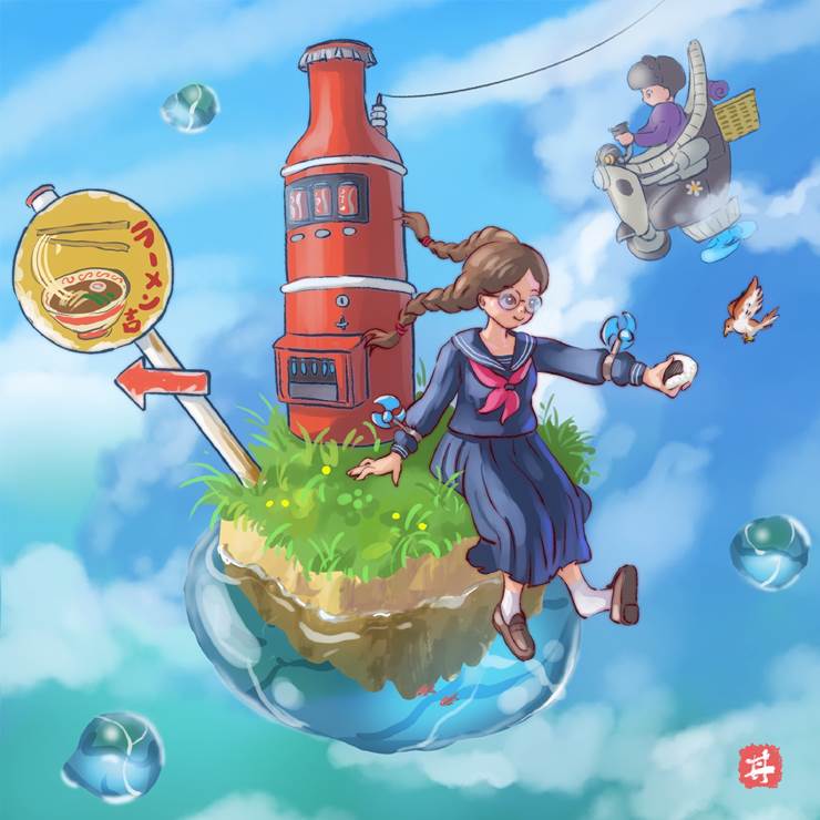 girl, background, background painting, polka dots, sailor uniform, uniform, loafers