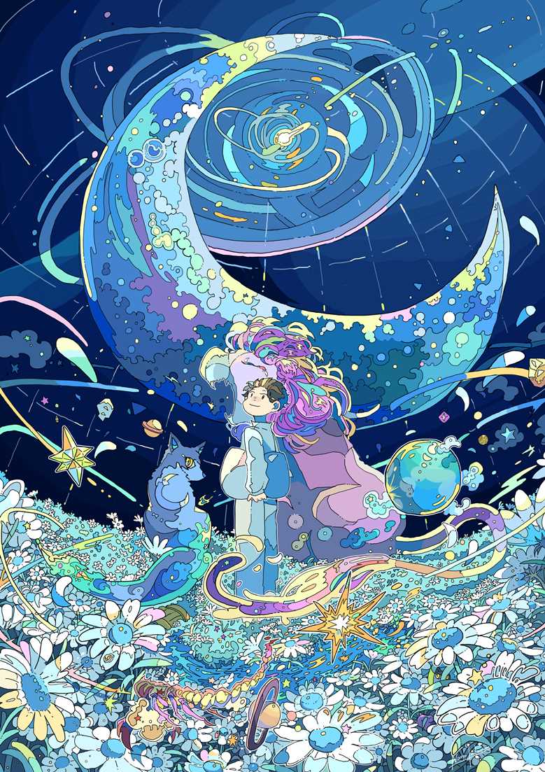 夜,幻想的,星空,花田图片