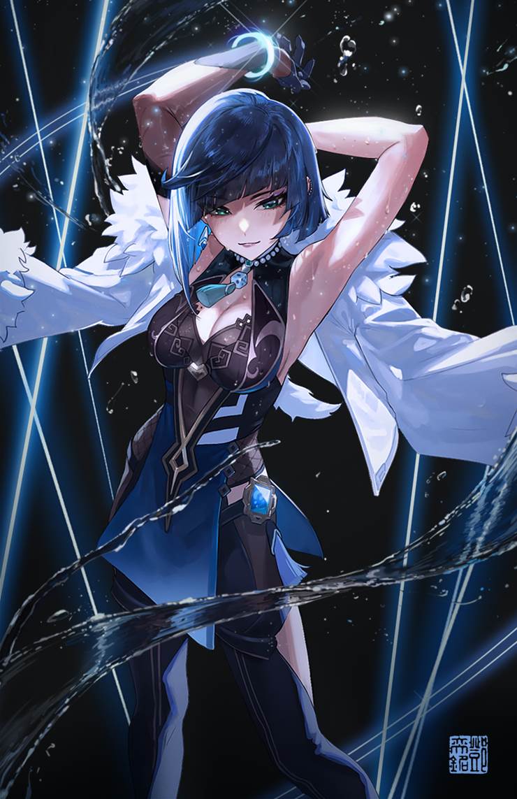 Yelan, 腋下, Yelan, bob cut, blue hair, cleavage, huge breasts, 连身紧身衣