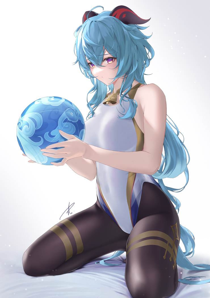 Genshin Impact, Ganyu (Genshin Impact), Ganyu, 竞技泳装, 黑裤袜, 黑丝袜, 显性巨乳, 泳装+连裤袜, 原神5000收藏