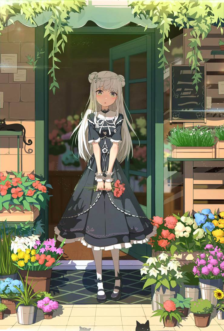 original works, florist, flower, 白发, White hair, 花和女孩子