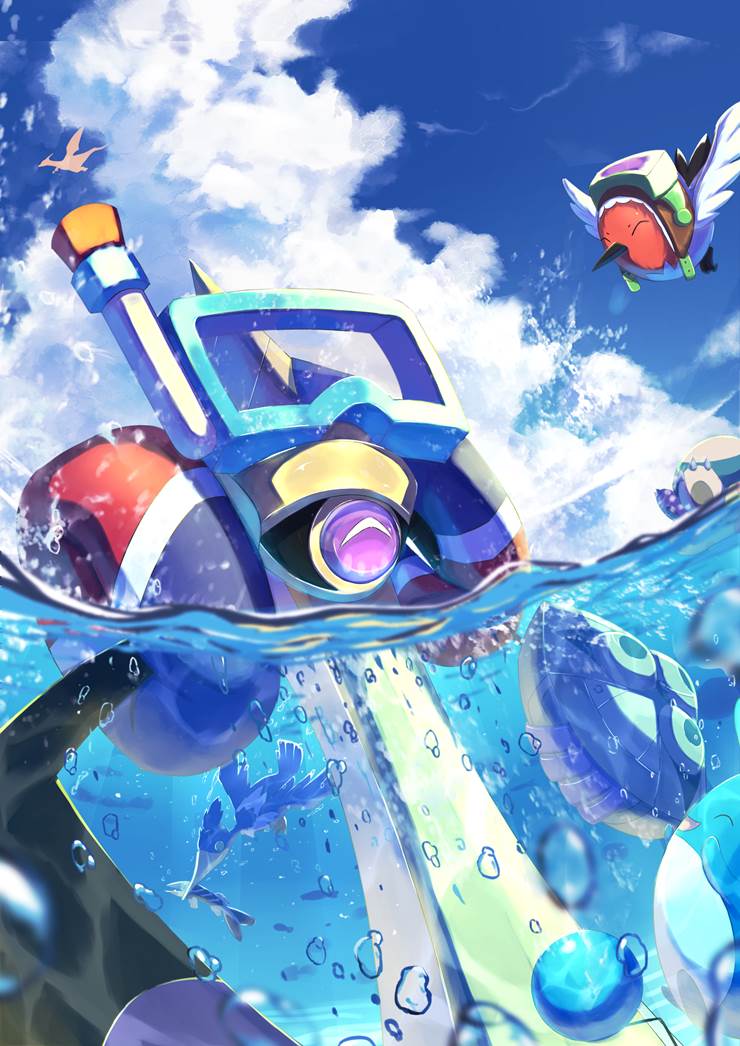 Pokémon, Aegislash, Pokémon Unite, swimsuit, partially in water, summer sky, Pokémon 500+ bookmarks