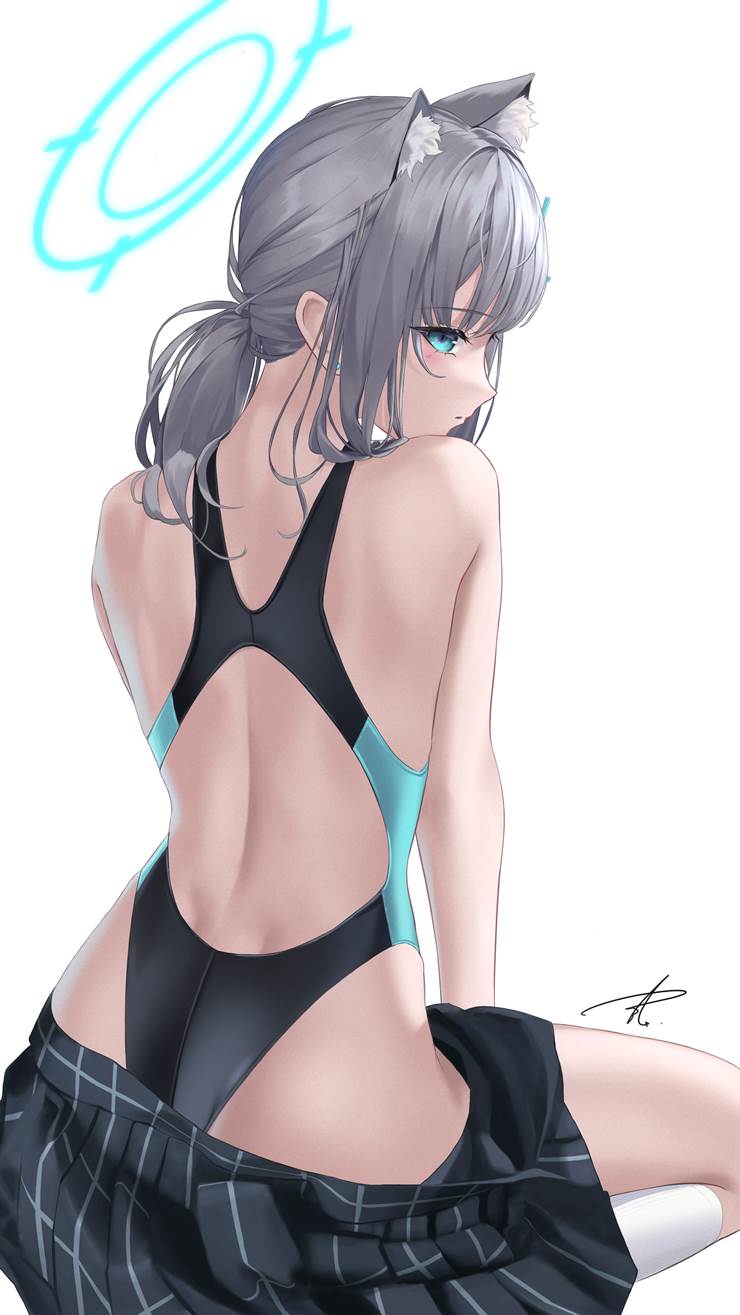 Blue Archive, Shiroko (Blue Archive), Sunaookami Shiroko, animal ears, competition swimsuits, competitive school swimwear, school swimsuit, Blue Archive 5000+ bookmarks, Flyback